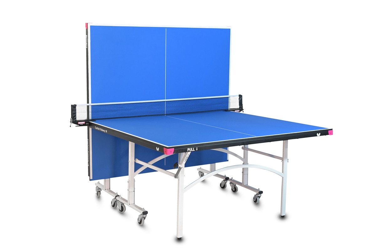 Butterfly Easifold 16 Ping Pong Table, that Features a Blue 16mm Thick Top with a Sturdy Frame in the Playback position.